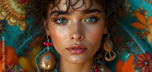 Woman with curly hair and expressive green eyes