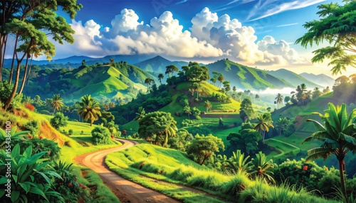 Beautiful jungle landscape with hills and cloudy sky. Fresh and green tropical mountain landscape. Vibrant nature view with winding road. Picturesque landscape with hills, clouds, greenery
