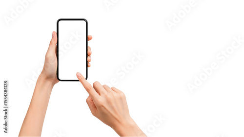 Hands Operating Vertical Smartphone, Finger Tapping Blank Screen, Ideal for App Interaction, Isolated on Transparent.

