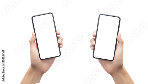 Two Hands Holding Vertical Smartphones with Blank Screens, Ideal for Direct Comparison, Isolated on Transparent.

