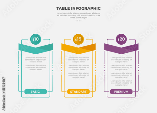 pricing table box infographic outline style with 3 point template with vertical pillars with circle on top for slide presentation