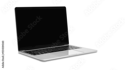 Transparent Background: A sleek silver laptop with a blank black screen, angled to the side, perfect for technology mockups and presentations.
