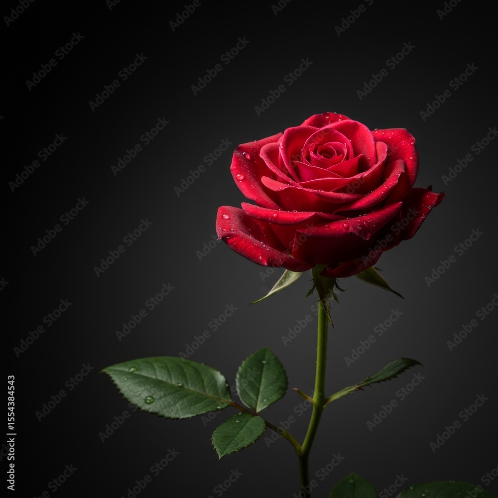 Naklejka premium Single Red Rose with Dew Drops on Dark Background