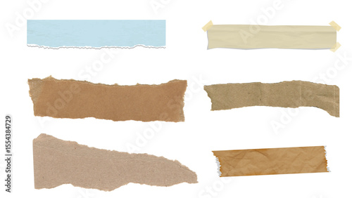 Transparent Background: A collection of diverse ripped paper and tape strips in various colors and textures, perfect for adding distressed or aged effects.
