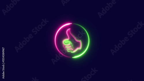 Glowing neon thumb up like icon video on black background. animated like button.