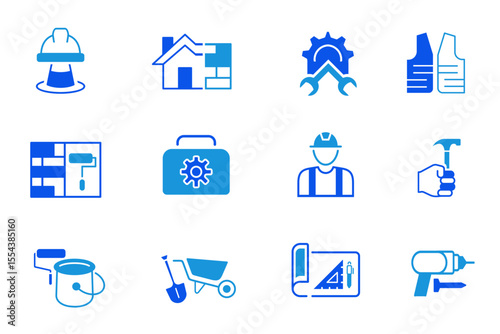 Labor solid flat icons set. Labor, construction, labour day, renovation, repair, work tool, materials icons. Editable vector illustration