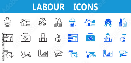 Labor line and flat icons set. Labor, construction, labour day, renovation, repair, work tool, materials icons. Editable vector illustration