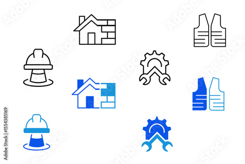 Labor line and flat icons set. Labor, construction, labour day, renovation, repair, work tool, materials icons. Editable vector illustration