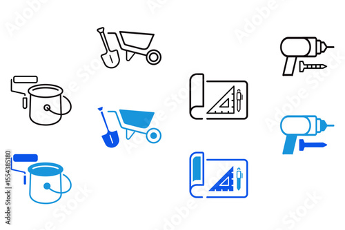 Labor line and flat icons set. Labor, construction, labour day, renovation, repair, work tool, materials icons. Editable vector illustration