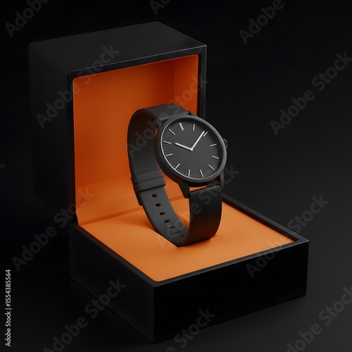black minimal watch on black box, Black Men's Wristwatch in Kraft Gift Box on Dark Background, a black wristwatch with a black strap on a black box with an orange interior on a black background