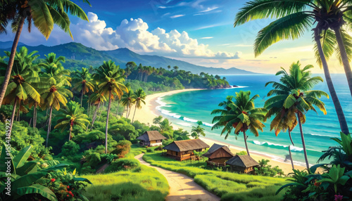 Idyllic beach landscape with vibrant island life. Summer resort view with huts, palms, and ocean. Scenic tropical coastline with peaceful cabins. Paradise island with turquoise sea and palms