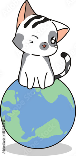 Adorable Winking Cat on Globe - International Cat Day World Celebration