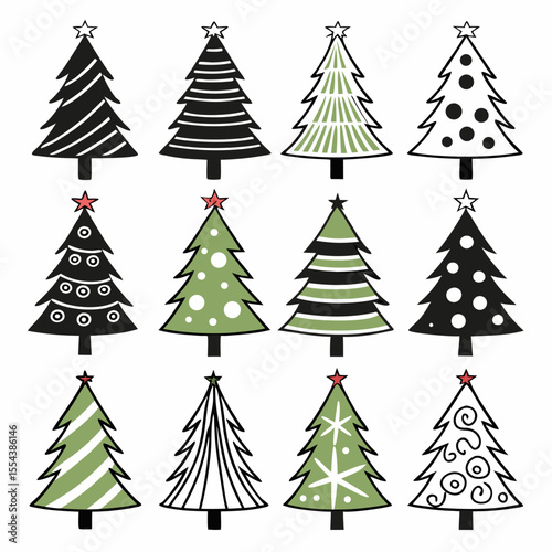 Collection of twelve stylized christmas trees with various patterns and decorations