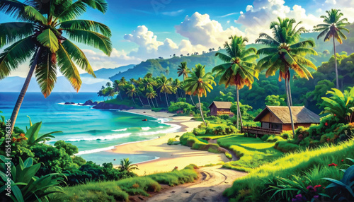 Stunning tropical coastline with clear turquoise water. Serene tropical getaway with palm trees and sandy beach. Tranquil beach landscape with huts and lush greenery. Dreamy tropical paradise