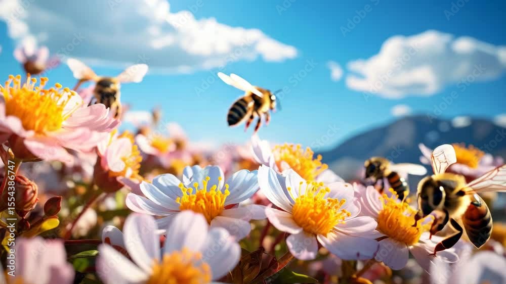 A vibrant scene captures busy bees buzzing amidst a colorful field of wildflowers under a clear blue sky, symbolizing pollination and the beauty of nature.