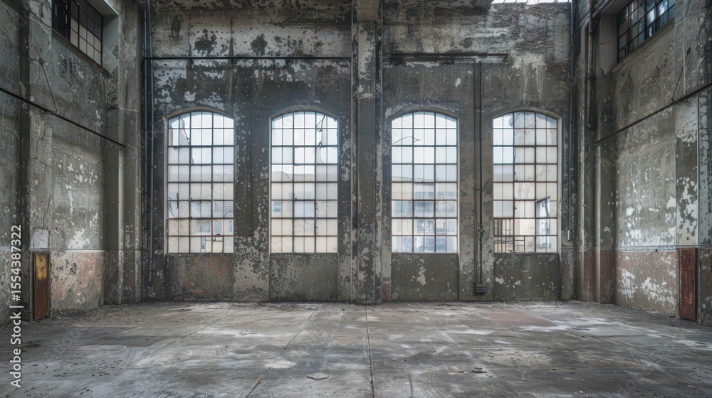 Fototapeta premium old rustic hall room with big bright windows