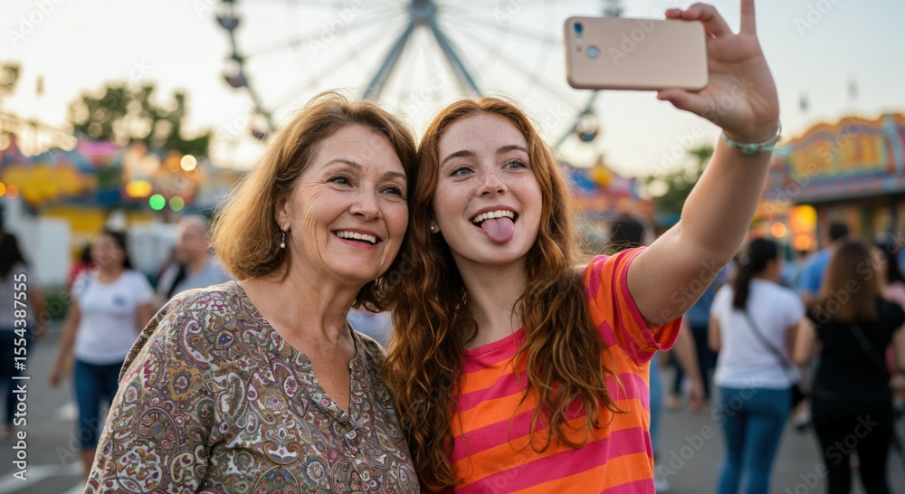 Naklejka premium Enjoying a Fun Fair: Teenage Girl Taking Selfie with Grandmother at Carnival
