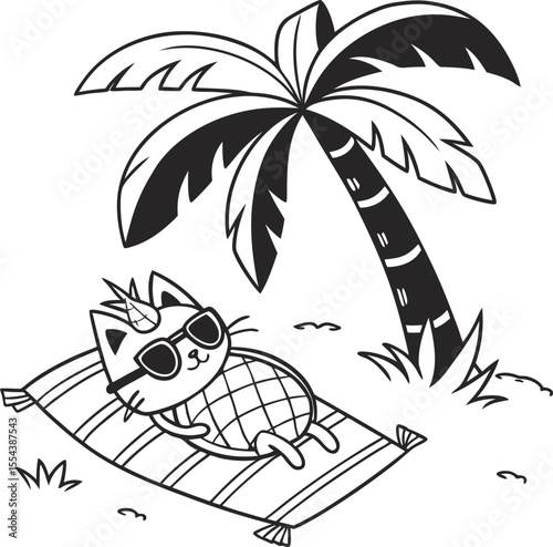 Tropical island vector illustration with palm trees on a summer beach