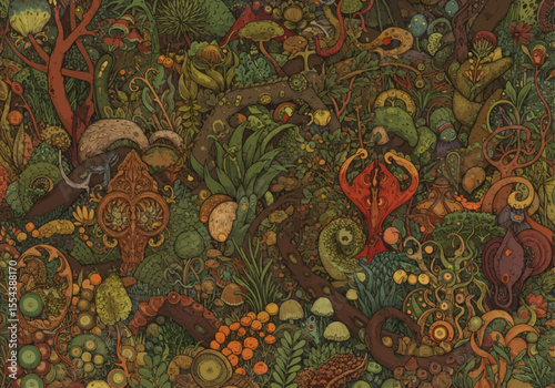 Enchanting maximalist forest illustration, brimming with vibrant details and a touch of metallic magic