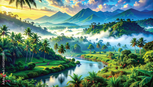 Golden hour sunrise over green tropical landscape. Misty valley, river in tropical jungle at sunrise. Morning light over misty hills, tropical river. Tropical paradise with river, mountains, sunlight