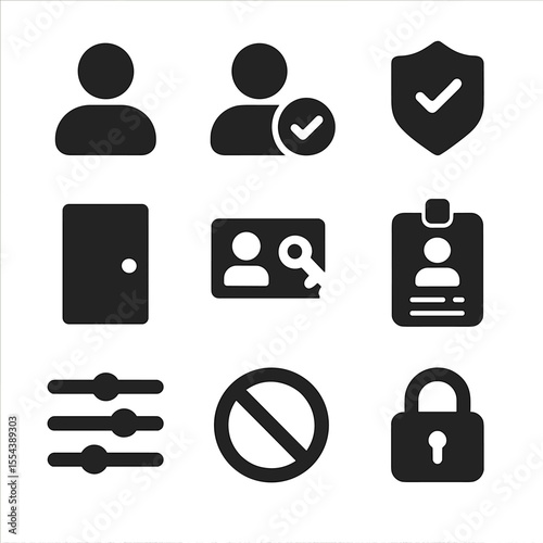 Access Control Icons. Solid, filled icons set of access control and user management: user icon, access level,