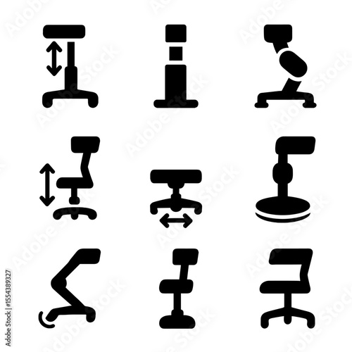Adjustable Chair Icons. Solid, filled icons set of adjustable chair legs: height adjuster, telescopic leg,