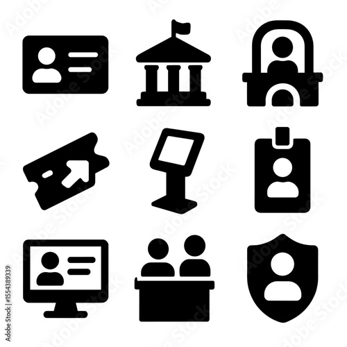 Administrative Service Icons. Solid, filled icons set of local administrative services: ID card, municipal