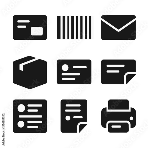 Address Labels Icons. Solid, filled icons set of address label: mailing label, barcode, envelope, shipping box