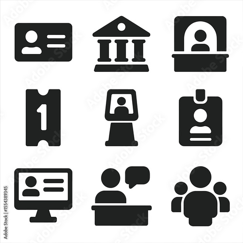 Administrative Service Icons. Solid, filled icons set of local administrative services: ID card, municipal