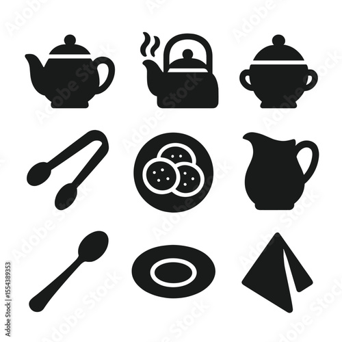 Afternoon Tea Icons. Solid, filled icons set of afternoon tea details: teapot set, kettle steam, sugar bowl,