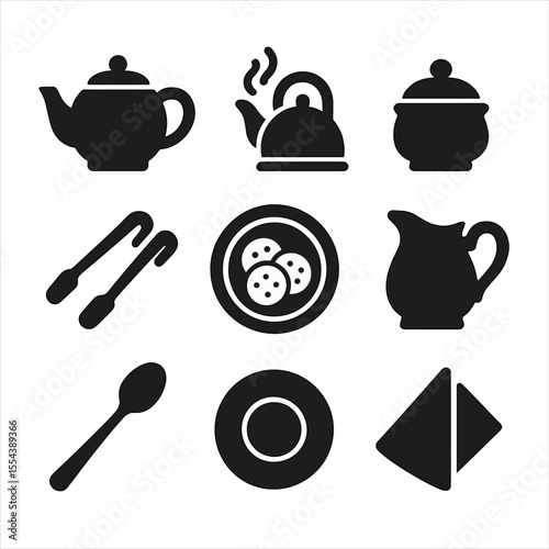 Afternoon Tea Icons. Solid, filled icons set of afternoon tea details: teapot set, kettle steam, sugar bowl,