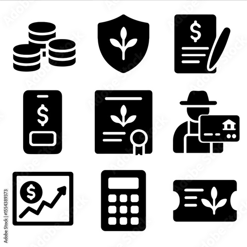Agricultural Finance Icons. Solid, filled icons set of agricultural finance and insurance: coins stack, crop