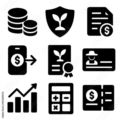 Agricultural Finance Icons. Solid, filled icons set of agricultural finance and insurance: coins stack, crop
