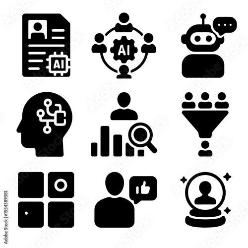 AI HR Icon Grid. Solid, filled icons set of AI-driven HR and recruiting: resume scan, talent match algorithm,