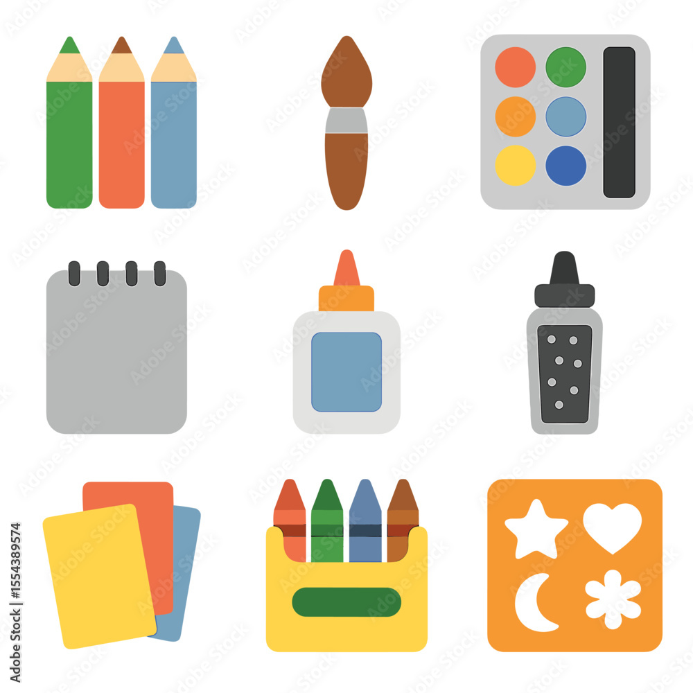 Art Supplies Icons. Solid, filled icons set of art and craft materials: colored pencils, paintbrush, Art Supplies Icons. Solid, filled icons set of art and craft materials: colored pencils, paintbrush,