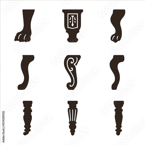 Antique Chair Leg Icons. Solid, filled icons set of antique chair legs: claw foot, ornate carving,