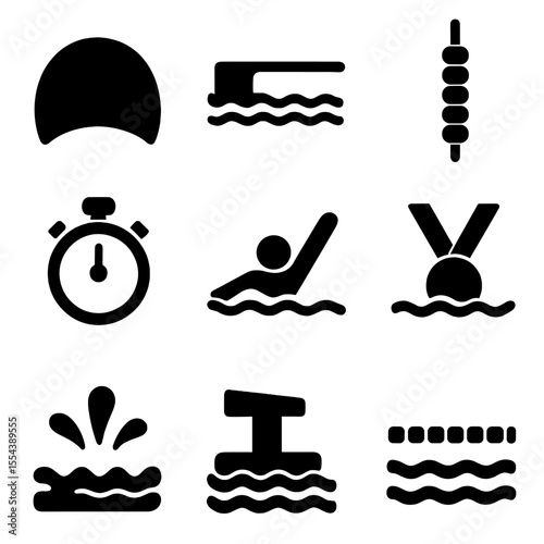Aquatic Sports Icons. Solid, filled icons set of aquatic sports meets: swim cap, diving board, lane buoy,