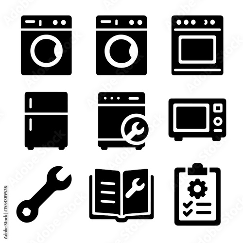 Appliance Repair Icons. Solid, filled icons set of appliance maintenance and repair: washing machine, dryer
