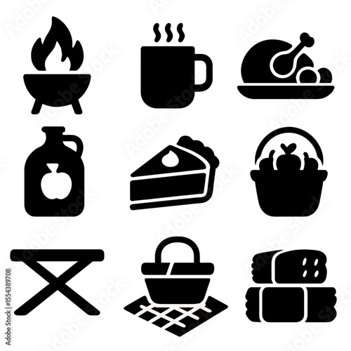 Autumn Gathering Icons. Solid, filled icons set of autumn gatherings: outdoor fire pit, cozy mug, harvest meal