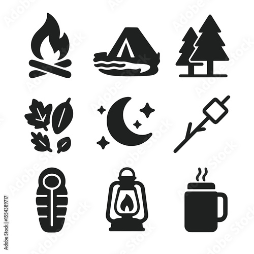 Autumn Camping Icons. Solid, filled icons set of autumn camping experience: campfire, tent near lake, forest
