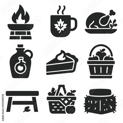Autumn Gathering Icons. Solid, filled icons set of autumn gatherings: outdoor fire pit, cozy mug, harvest meal