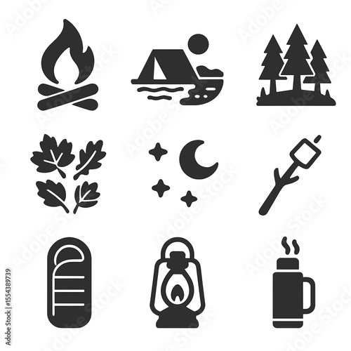 Autumn Camping Icons. Solid, filled icons set of autumn camping experience: campfire, tent near lake, forest