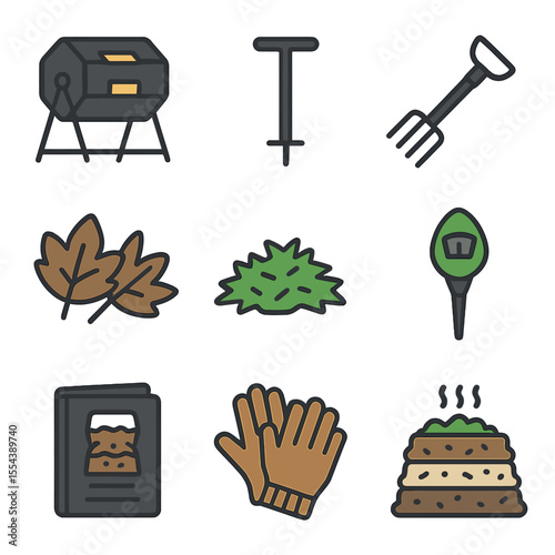 Backyard Composting Icons. Solid, filled icons set of backyard composting tools: compost tumbler, aeration