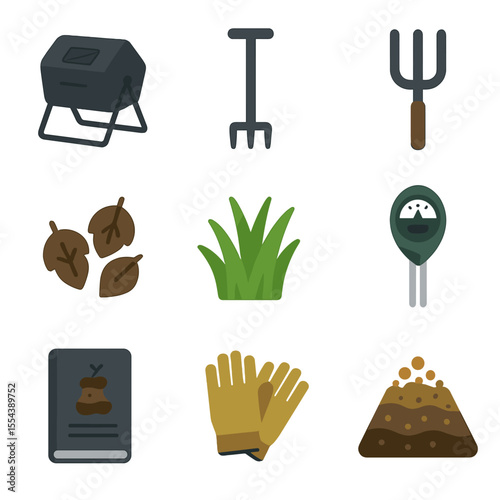 Backyard Composting Icons. Solid, filled icons set of backyard composting tools: compost tumbler, aeration