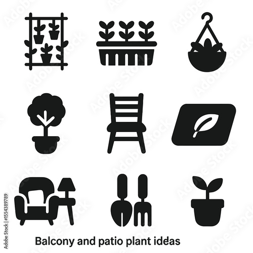 Balcony Garden Ideas. Solid, filled icons set of balcony and patio plant ideas: vertical garden, balcony herbs