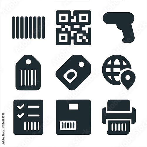 Barcode Tracking Icons. Solid, filled icons set of barcode and tracking: linear barcode, QR code, scanner icon
