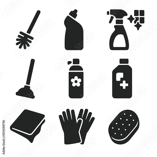 Bathroom Cleaning Icons. Solid, filled icons set of bathroom cleaning supplies: toilet brush, liquid cleaner,