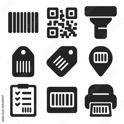 Barcode Tracking Icons. Solid, filled icons set of barcode and tracking: linear barcode, QR code, scanner icon
