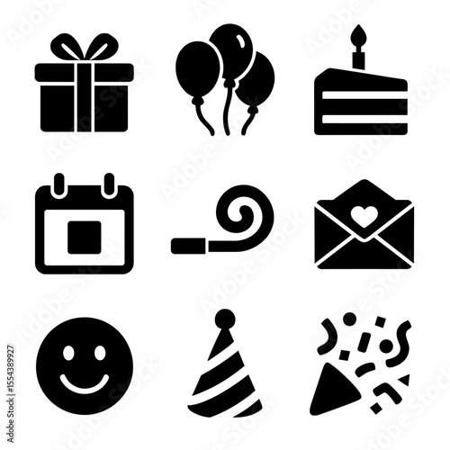 Birthday Celebration Icons. Solid, filled icons set of birthday surprises for loved ones: wrapped gift,