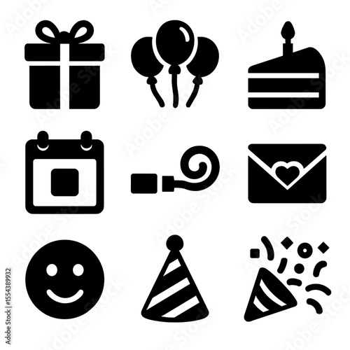 Birthday Celebration Icons. Solid, filled icons set of birthday surprises for loved ones: wrapped gift,